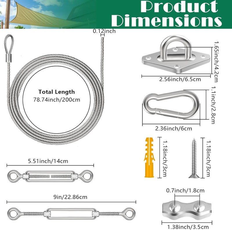 Lomoky طقم أدوات ظل الشمس 52 قطعة، مجموعة ملحقات من الفولاذ المقاوم للصدأ 304 للأقمشة المستطيلة والمثلثة والحدائق الخارجية (بما في ذلك 5.5 بوصة من عروة التعديل، 78.7 بوصة من حبل السلك) - Image 2